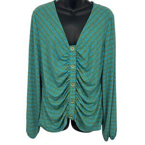 Michael Kors Extra Large Women Ruch Button Chain Blouse Milos Blue Top NWT New